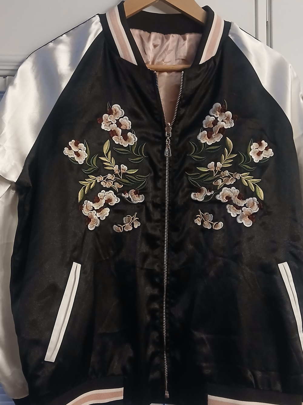 Black Floral Embroidered Satin Reversible Baseball Jacket